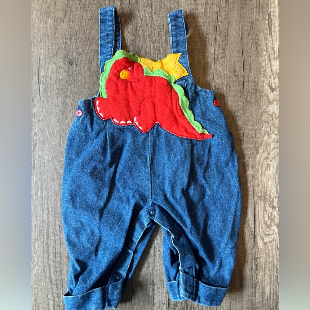 Vintage 90s 2000s baby boy colorblock dragon overalls bibs Vestbak 6-9M